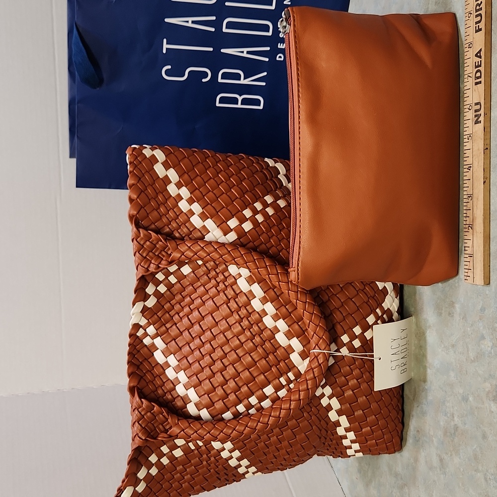 Stacy Bradley Brown & White Woven Tote Bag With Pouch - Picture 2 of 8